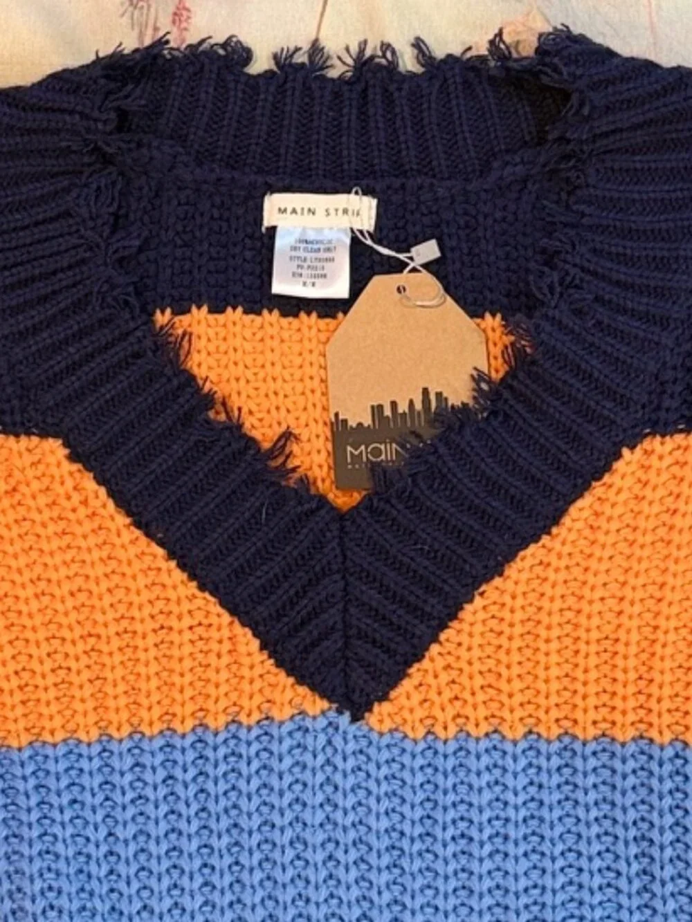 🧡💙 Main Strip Color Block Distressed Sweater | Size M | Boho Chunky Knit | NWT